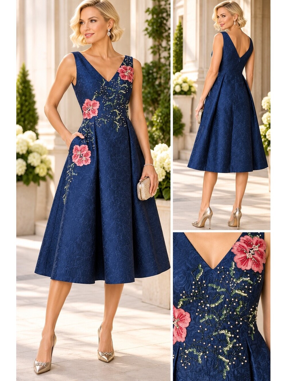 Adrianna Papell NWT Navy Floral Embroidered Jacquard Midi Cocktail Dress Sz 16